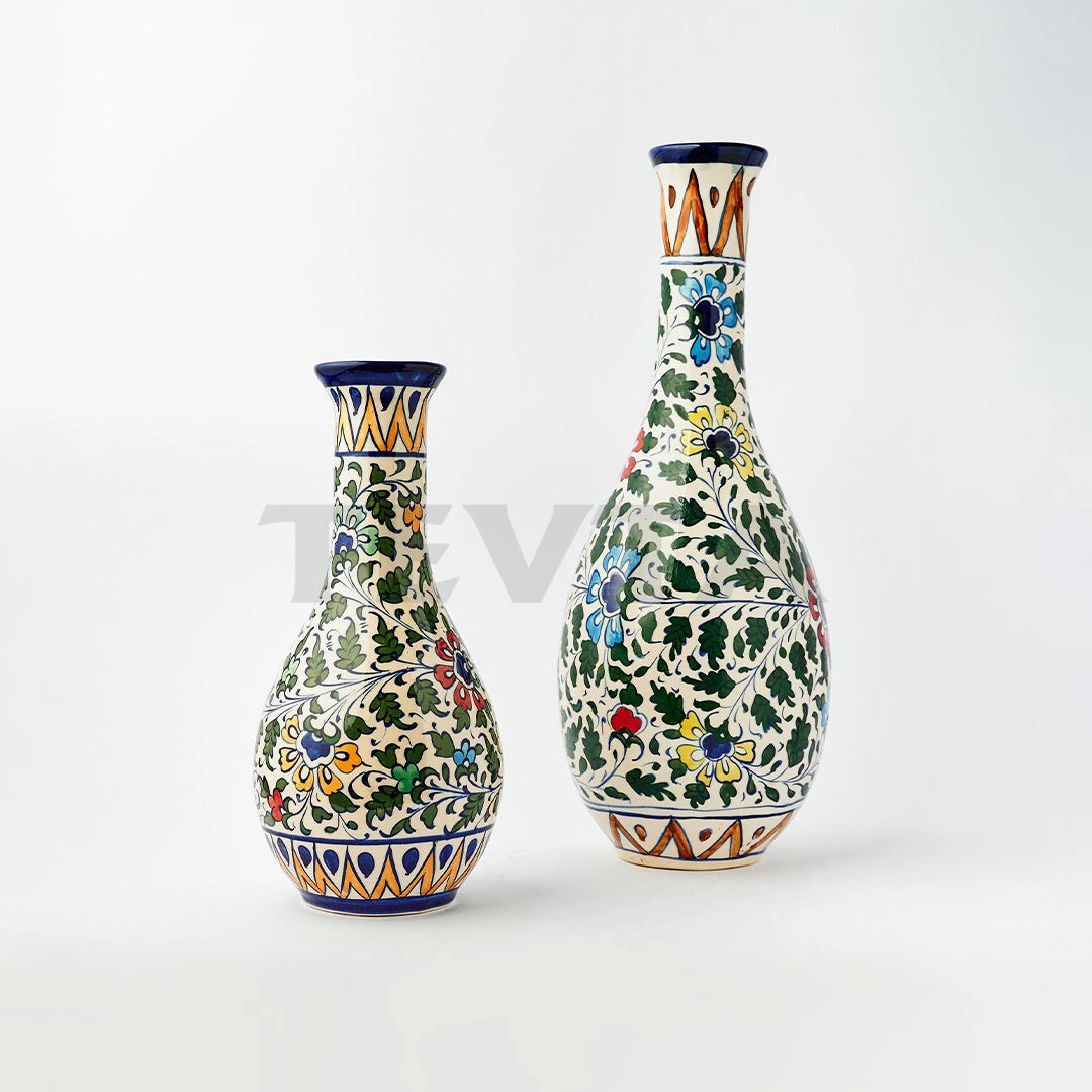 Ceramic Floral Surahi Moonflask Vase (Set of Large and Medium Vases) - Vase