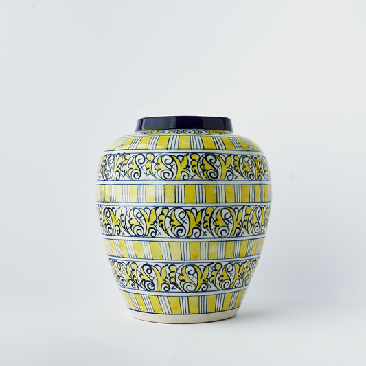 Ceramic Vase – (Yellow & Blue with Striped & Floral Motifs) - Vase